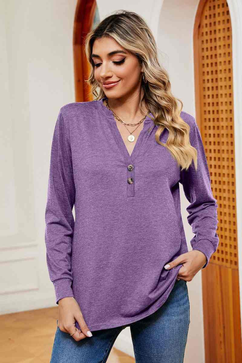 CWTBLL2834_V-NECK BUTTON-UP LONG-SLEEVED BAGGY TOP