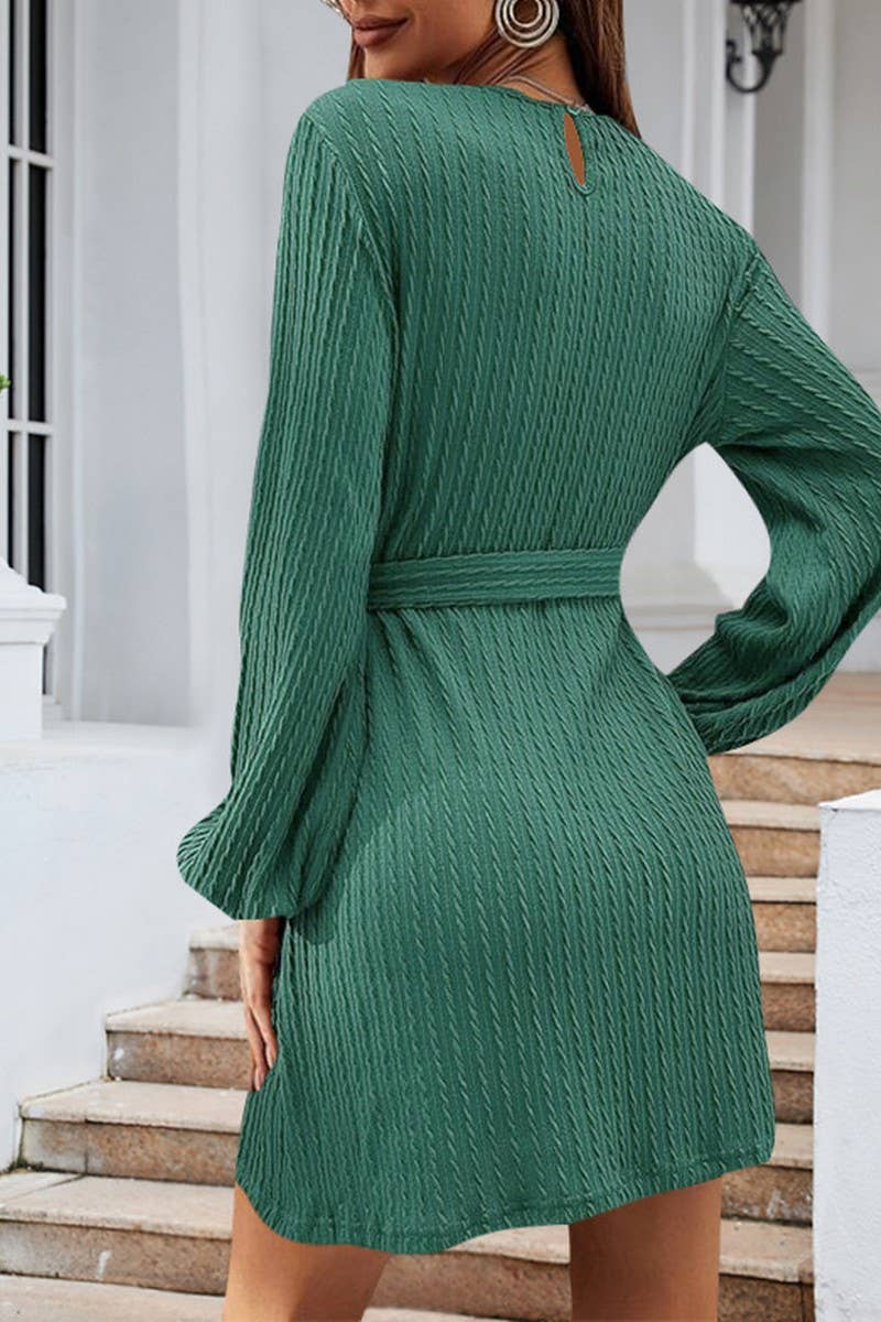 CWDSD7222_NEW STYLE CABLE KNITTED PUFF SLEEVE CASUAL DRESS