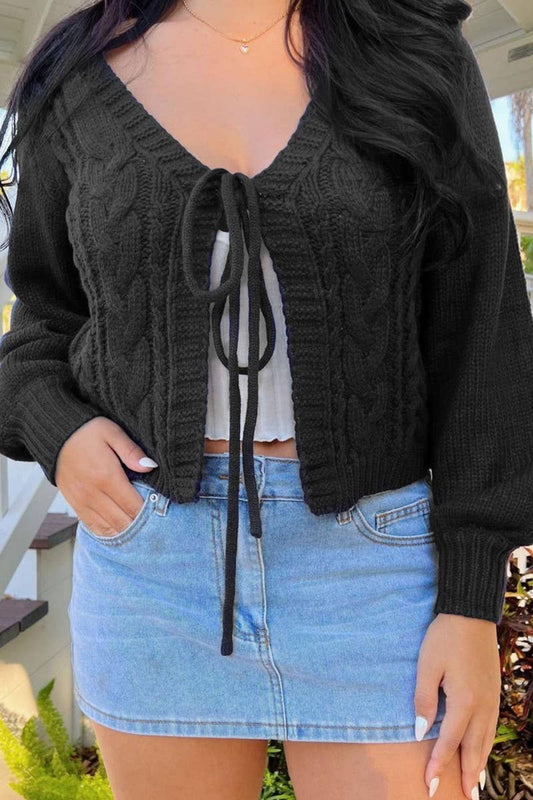 CWOCAL00827_SOLID V NECK CABLE KNIT TIE FRONT CARDIGAN