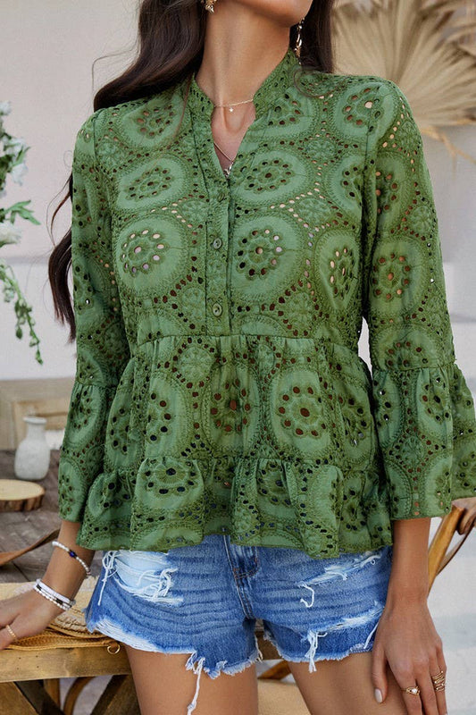 CWTBLL3593_CASUAL HOLLOW V-NECK THREE-QUARTER SLEEVE SHIRT