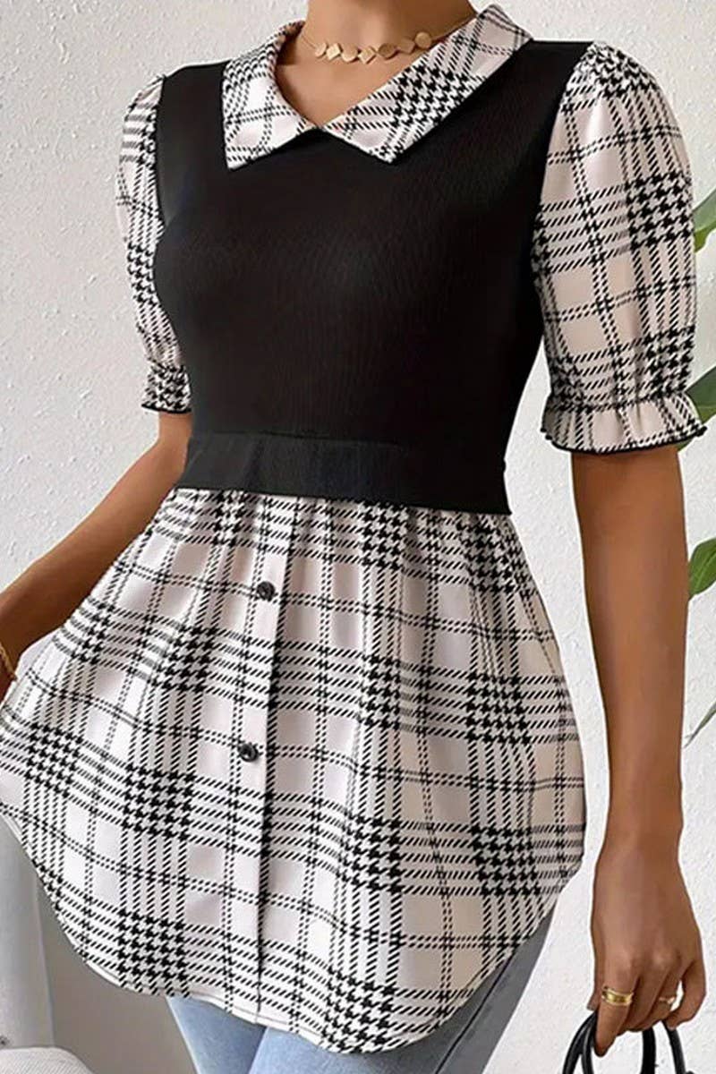 CWDSD7717_CONTRAST BUTTON PLAID MOCK TWO-PIECE DRESS