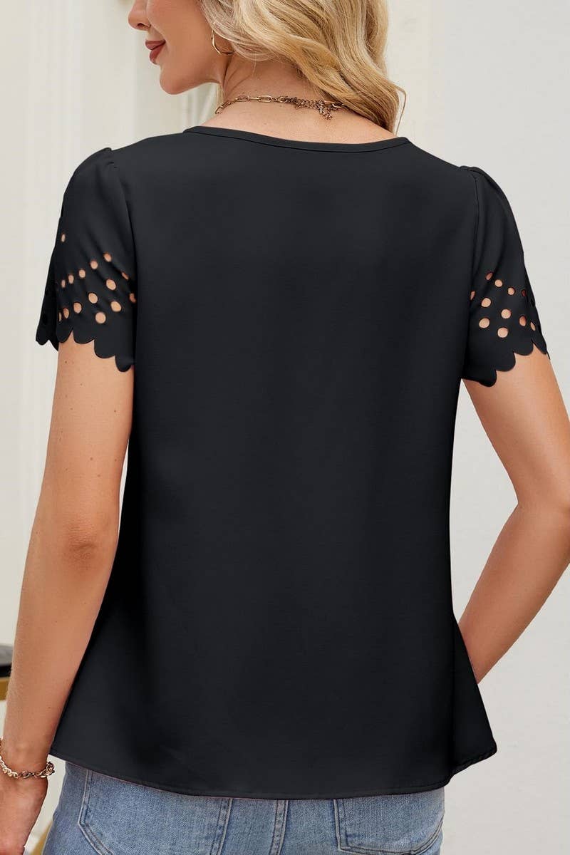 CWTBLS2272_V-NECK LACE TRIM EYELET SHORT SLEEVE CHIFFON TOP