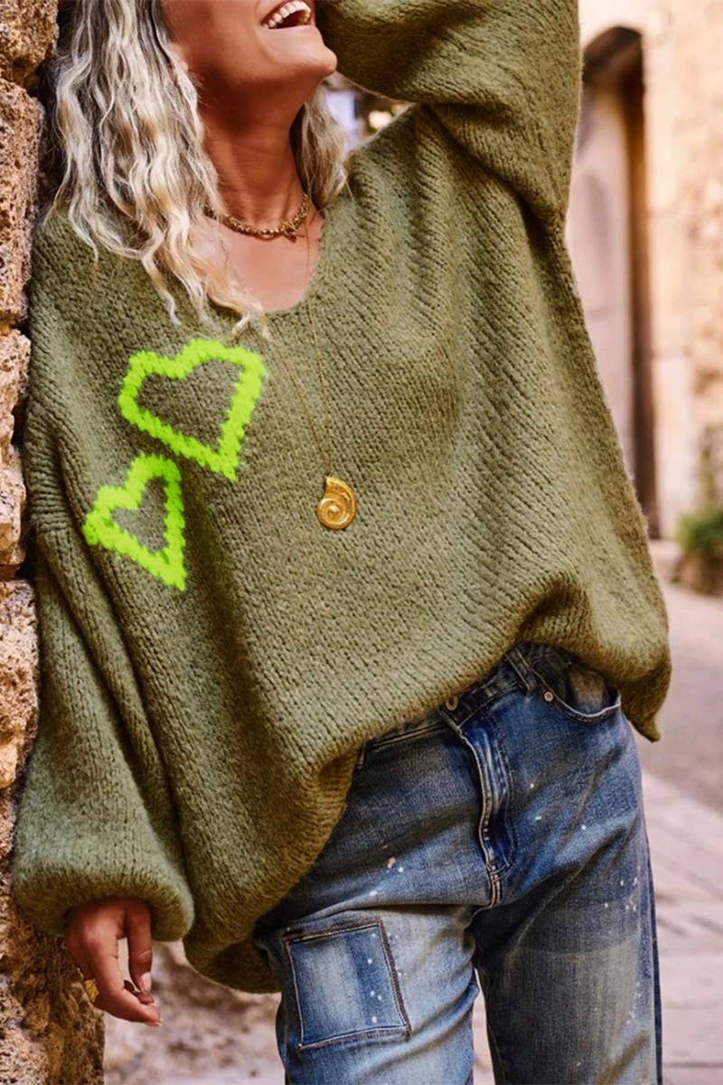 CWOSWL07445_HEART PRINT V NECK CASUAL LOOSE KNIT SWEATER