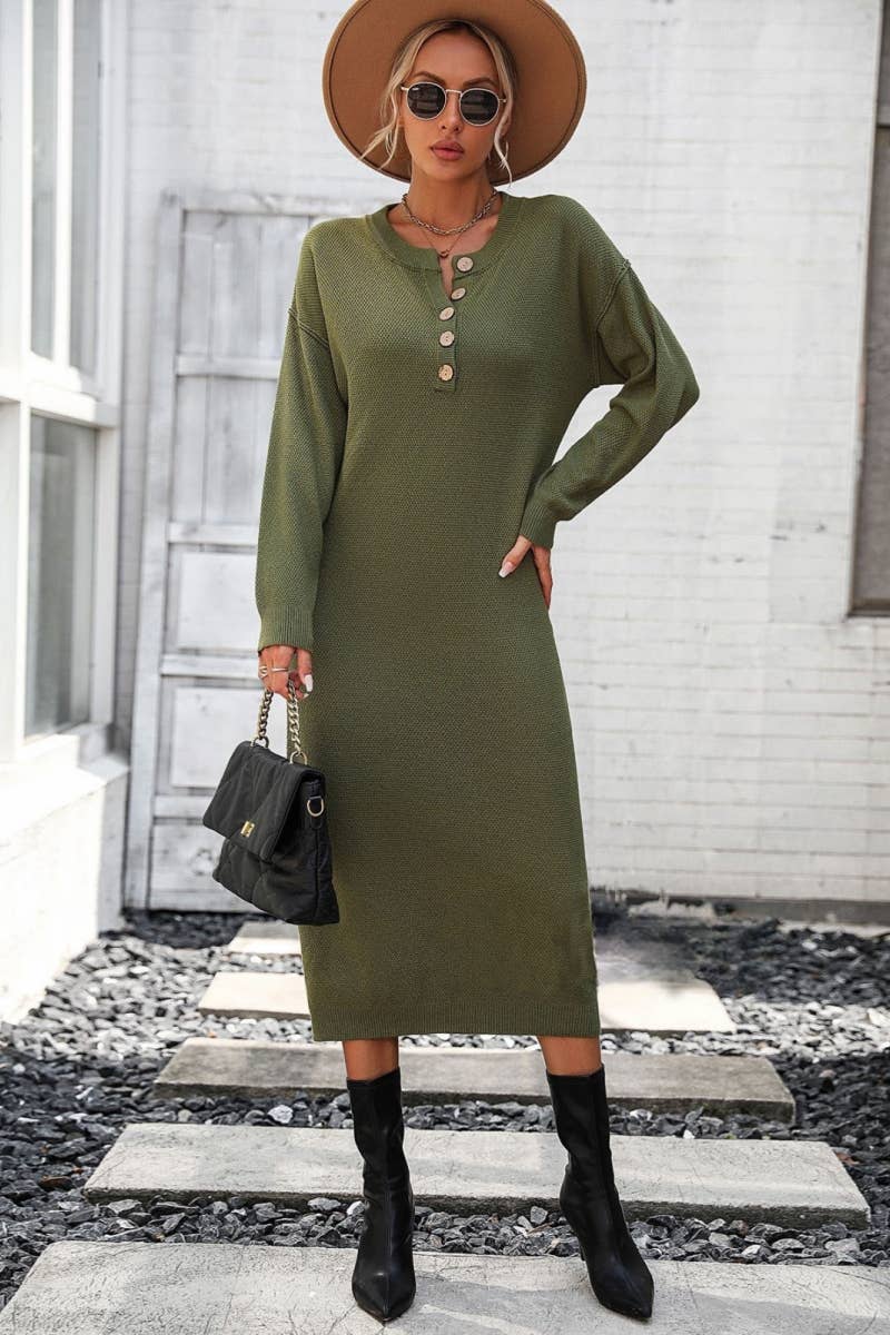 CWDMD538  Long Sleeve Loose V-Neck Button Tops Long Sweater