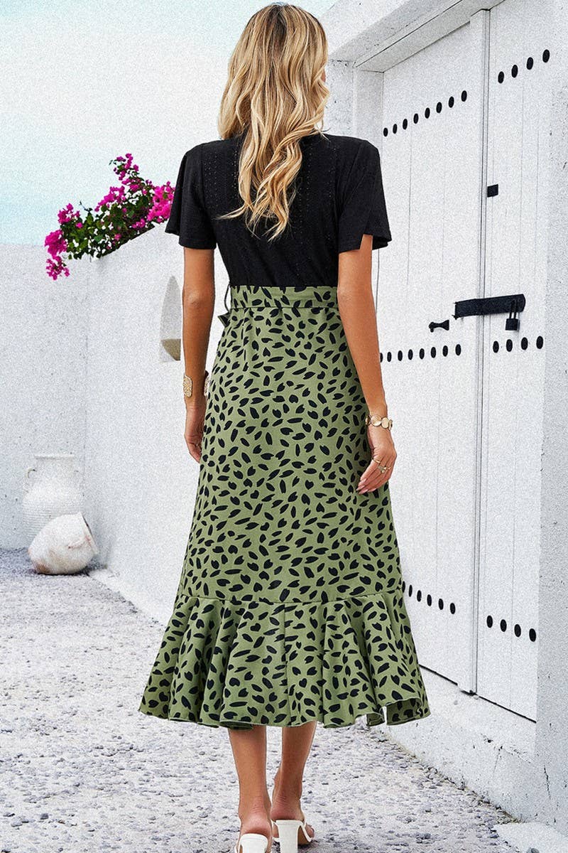 CWDMD4608_ELEGANT CONTRAST COLOR SHORT-SLEEVED V-NECK DRESS