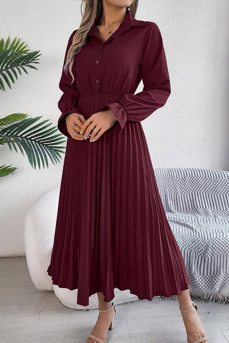 CWDMD3944_FALL PLEATED LONG-SLEEVED SHIRT-WAIST DRESS