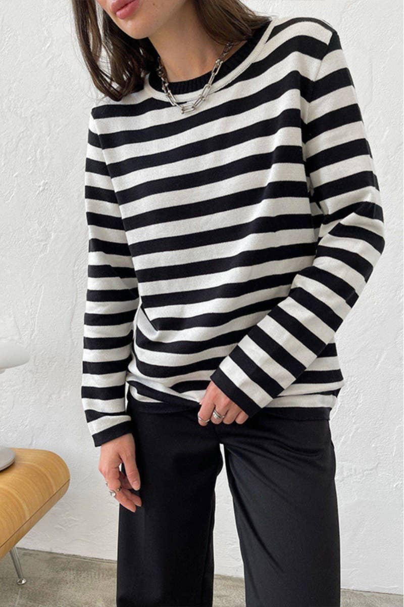CWTBLL2962_CLASSIC CREW-NECK STRIPED LONG-SLEEVED SWEATER