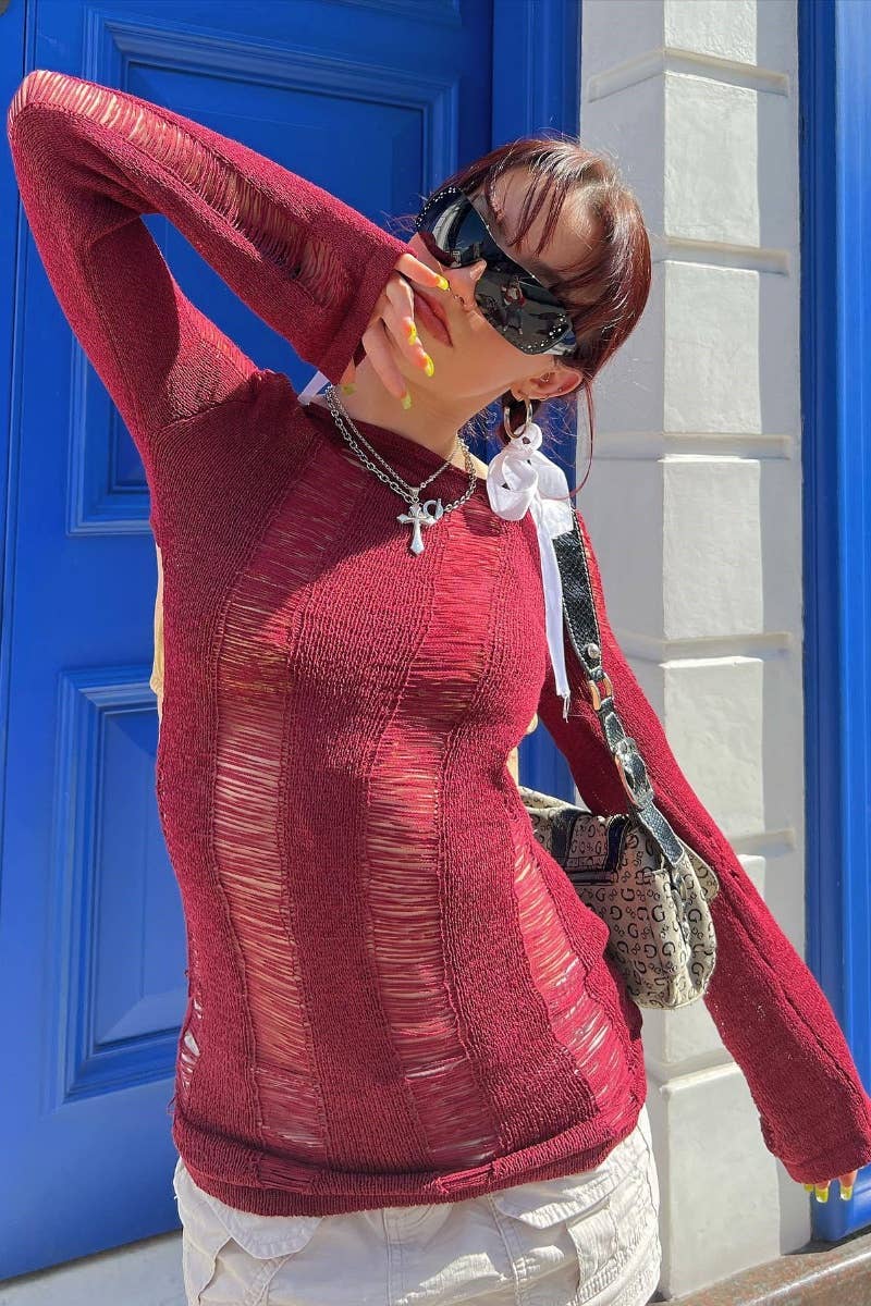 CWOSWL5186_SEXY VINTAGE LONG-SLEEVED CUT-OUT HALTER TOP