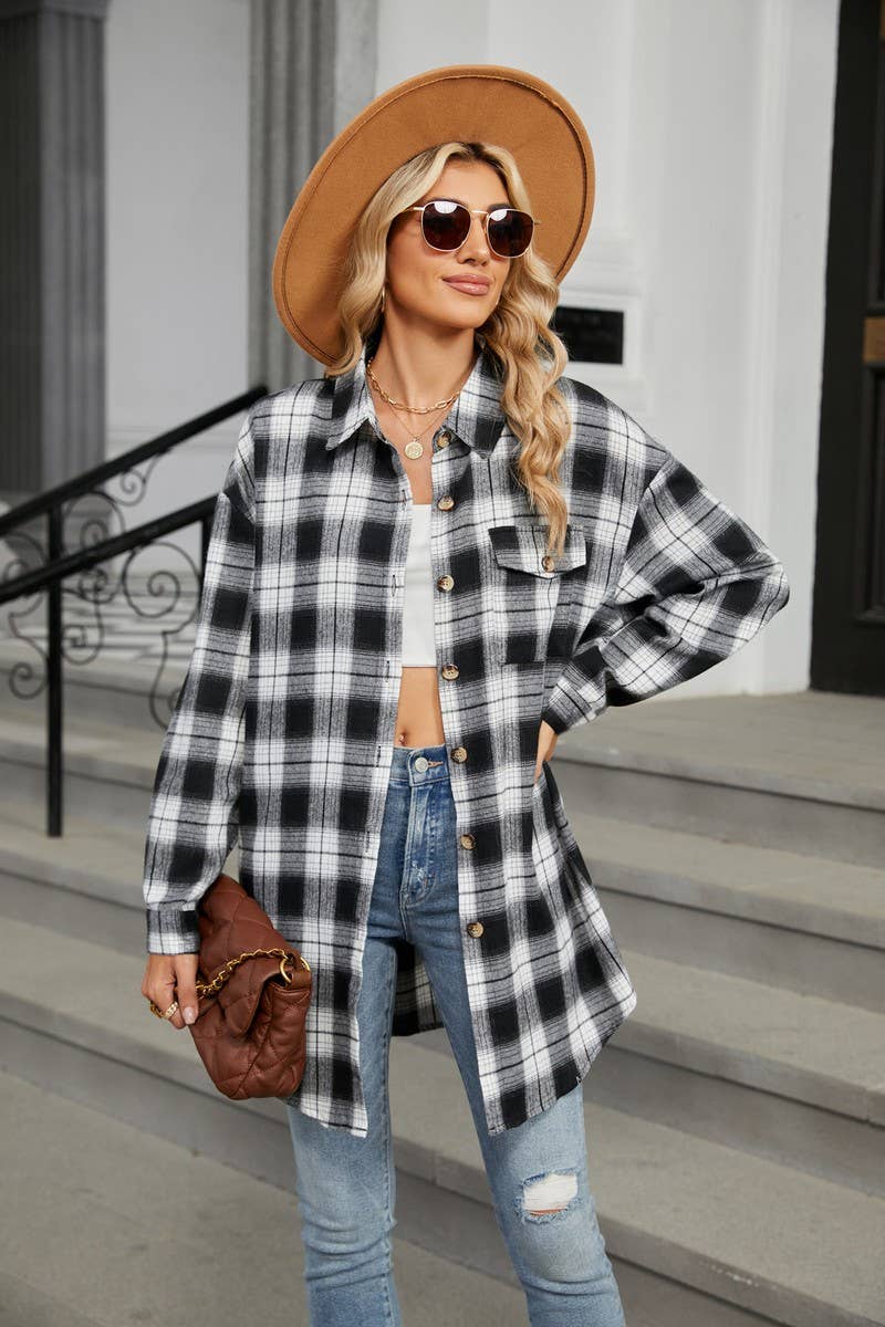 CWTBLL3745_AUTUMN AND WINTER STRIPED PLAID BUTTON-DOWN SHIRT
