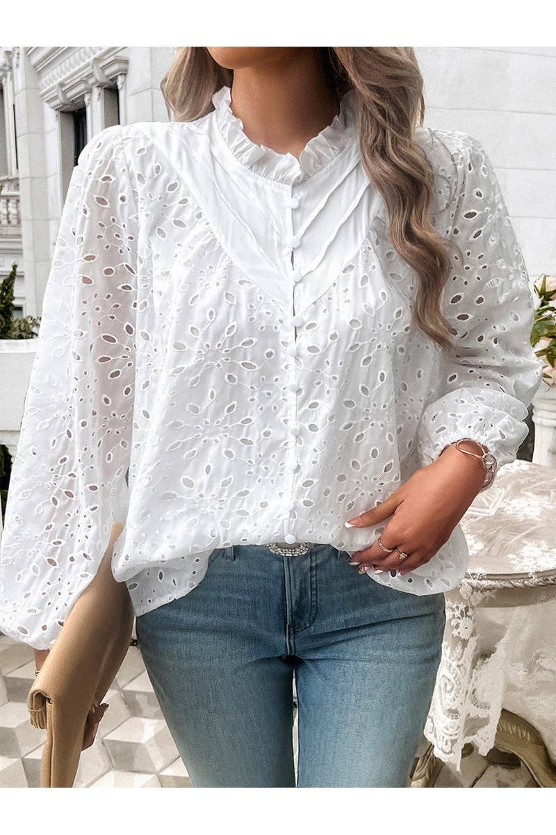 CWTBLL1140_Fashion Woven Hollow Puffy Sleeve Blouse