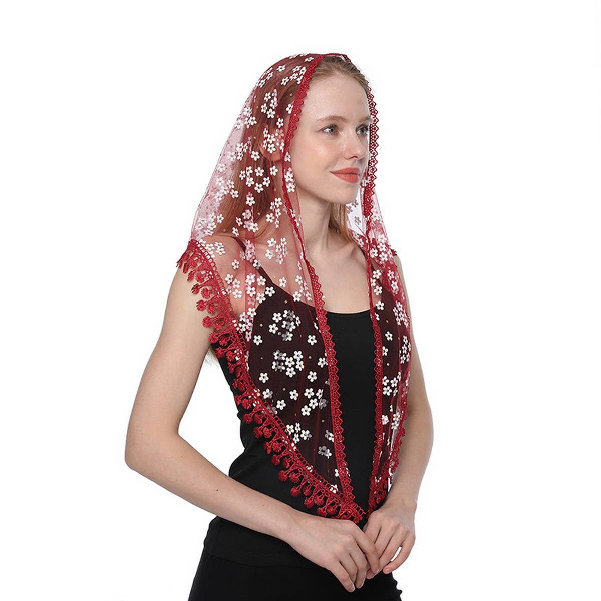 SOLID COLOR TASSEL FLOWER TRIANGLE LACE VEIL_CWMM1987