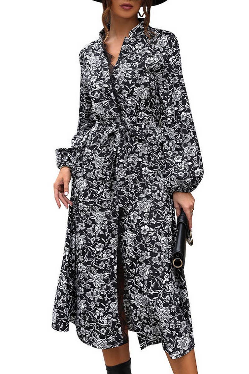 CWDMD3098_STAND COLLAR LACE STITCHING PRINTED SHIRT DRESS