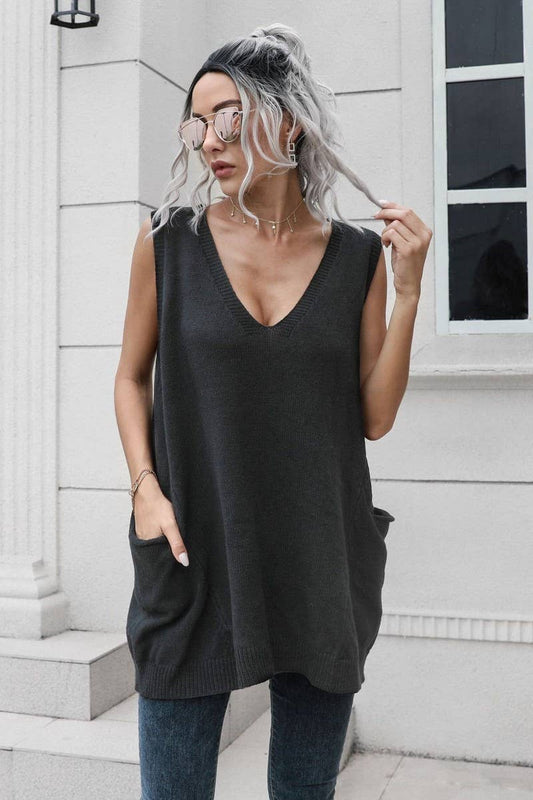 CWOV0691_V-NECK MID-LENGTH VEST LOOSE SWEATER VEST