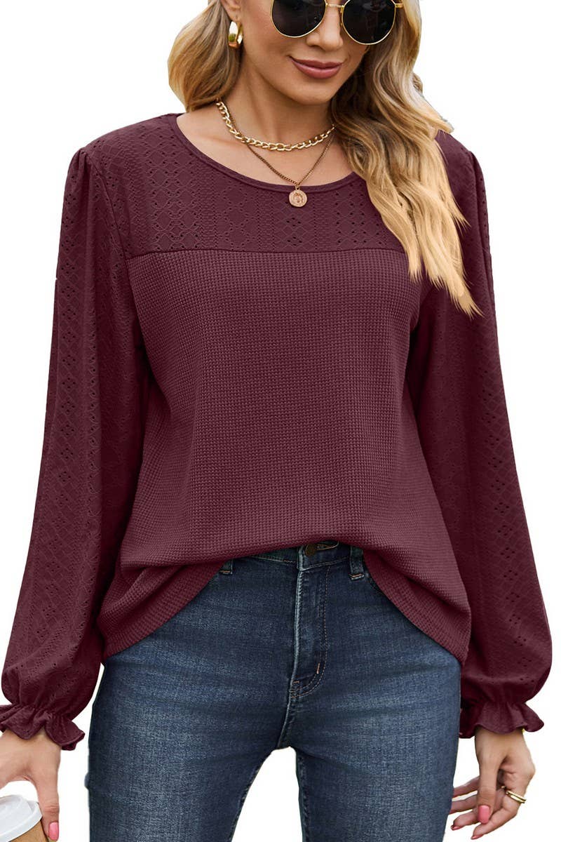 CWTBLL2417_SPLICED ROUND NECK LOOSE LONG SLEEVE T-SHIRT TOP