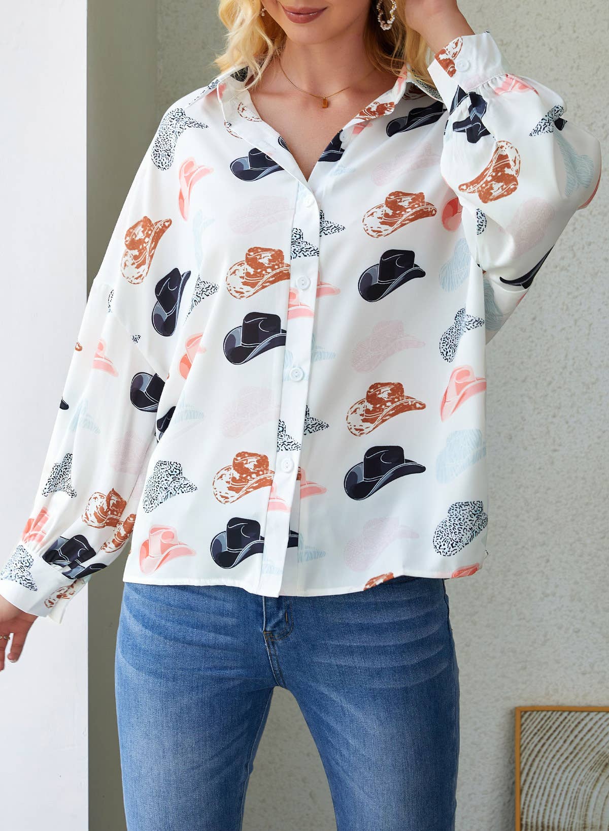 COWBOY HAT PRINTED LAPEL LONG SLEEVE LOOSE SHIRT