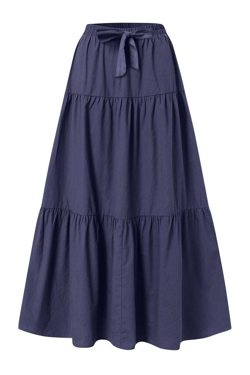 CWBLS0559_BOW WAIST TIERED SOLID MIDI SKIRT