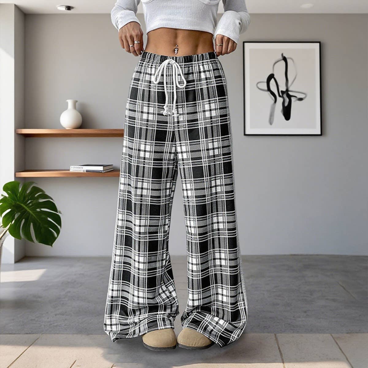 Casual plaid patchwork wide-leg pants