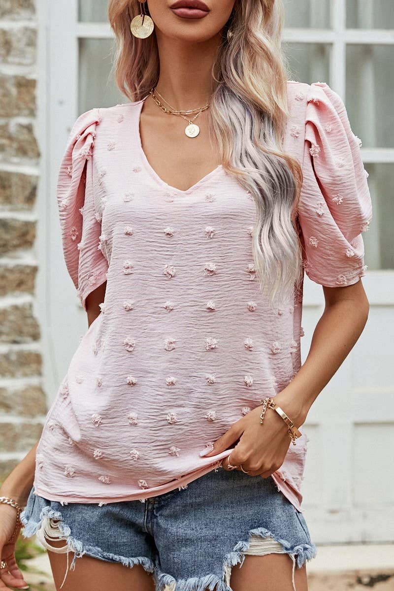 CWTBLS0358_V-Neck Short Puff Sleeve Blouse
