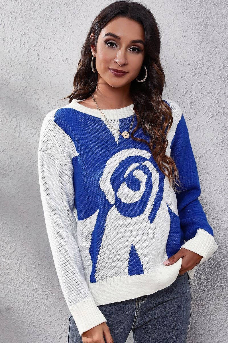 CWOSWL6863_CASUAL LOOSE FLORAL JACQUARD LONG SLEEVE SWEATER