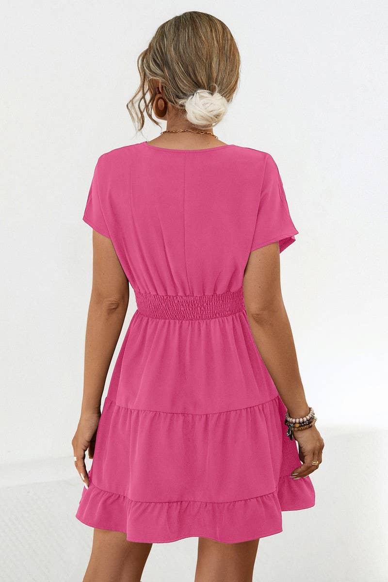 CWDSD4949_CASUAL V-NECK SOLID COLOR SHORT DRESS