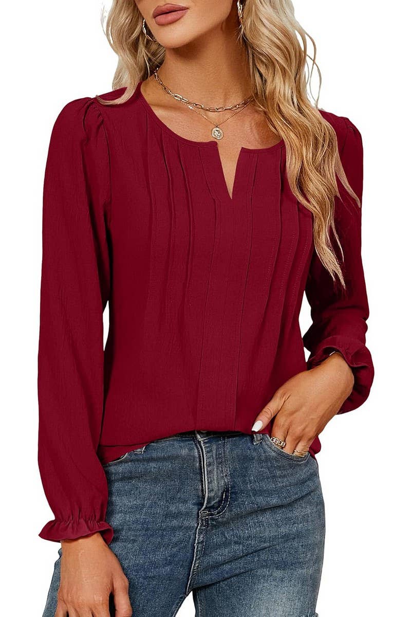 CWTBLL4004_SOLID V-NECK LONG SLEEVE PLEATED CHIFFON BLOUSE