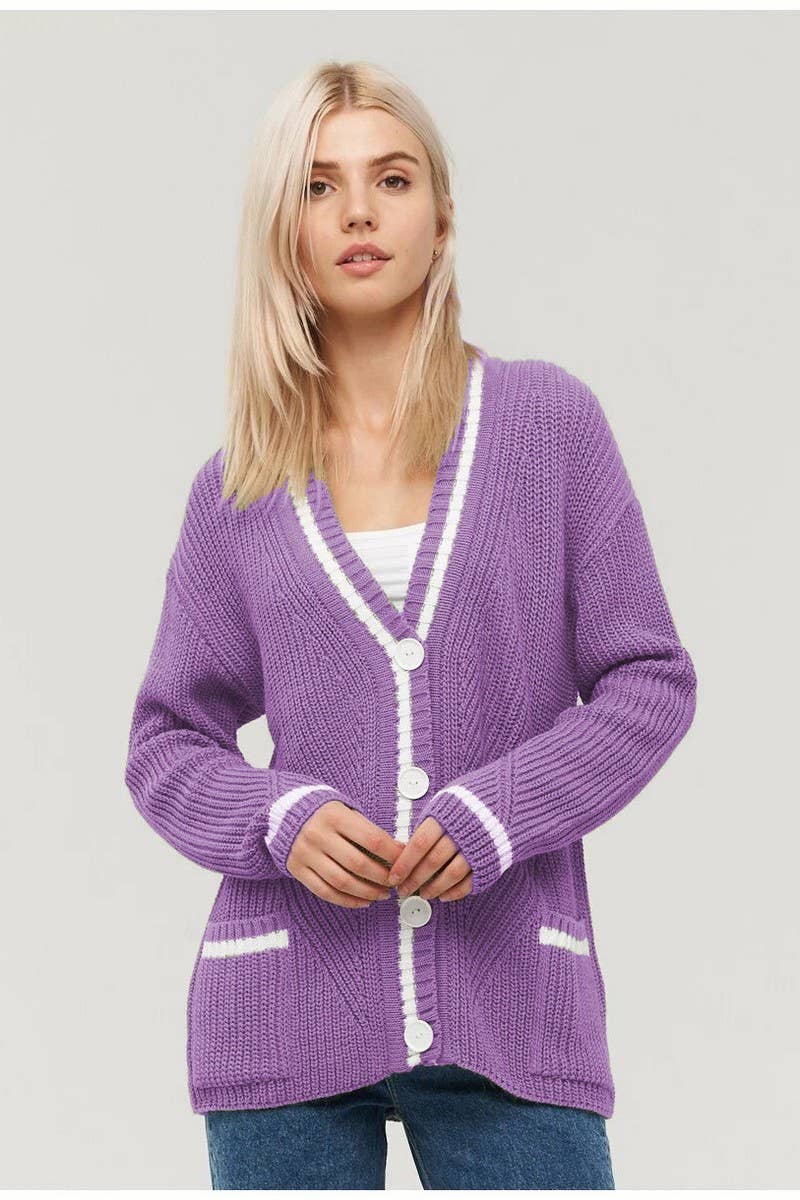 CWOCAL1619_V-NECK POCKET COLOR-BLOCK KNITTED CARDIGAN COAT