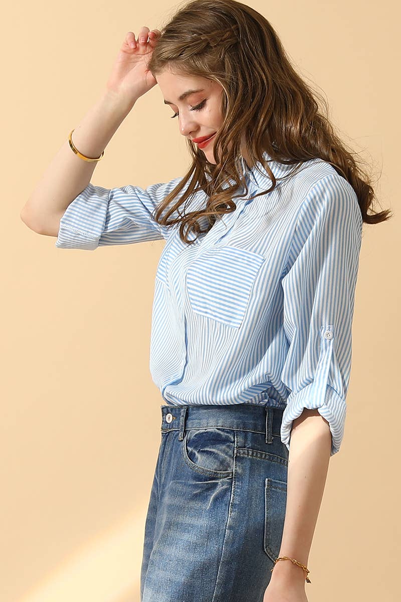 CWTSTL716_Striped Button Down Long Sleeve Collared Shirts