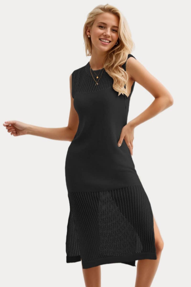 CWDSD3916_KNITTED HOLLOWED-OUT SEE-THROUGH SLEEVELESS DRESS