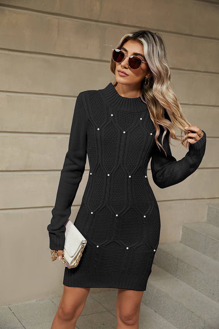 BEADED LONG SLEEVE SWEATER DRESS WITH HIP WRAP