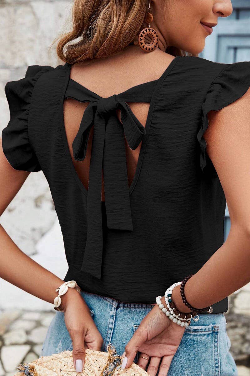 CWTBLSL0696_SOLID COLOR ROUND NECK RUFFLE BOW VEST TOP