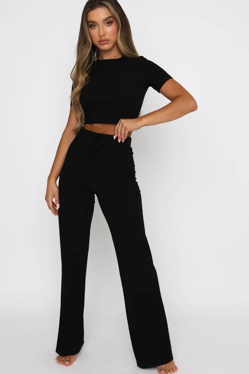 CWSS0501_KNITTED STRIPED SHORT SLEEVE TOP AND PANTS SUIT