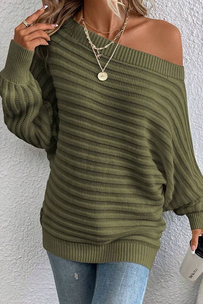 CWOSWL07300_SOLID TEXTURED OFF-SHOULDER BATWING KNIT SWEATER