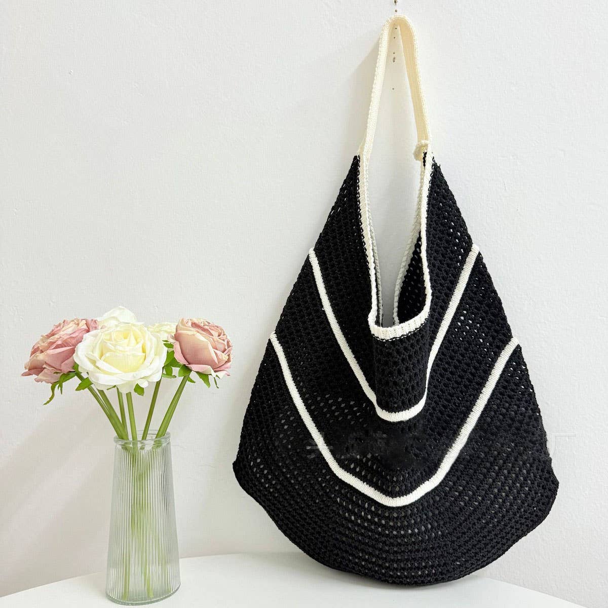 CUAB00630_2025 STRIPED KNIT TOTE BAG LARGE CAPACITY VACATION