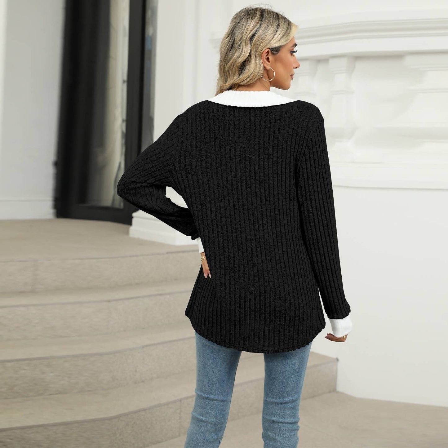 COLOR CONTRAST LAPEL LONG SLEEVE LOOSE T-SHIRT