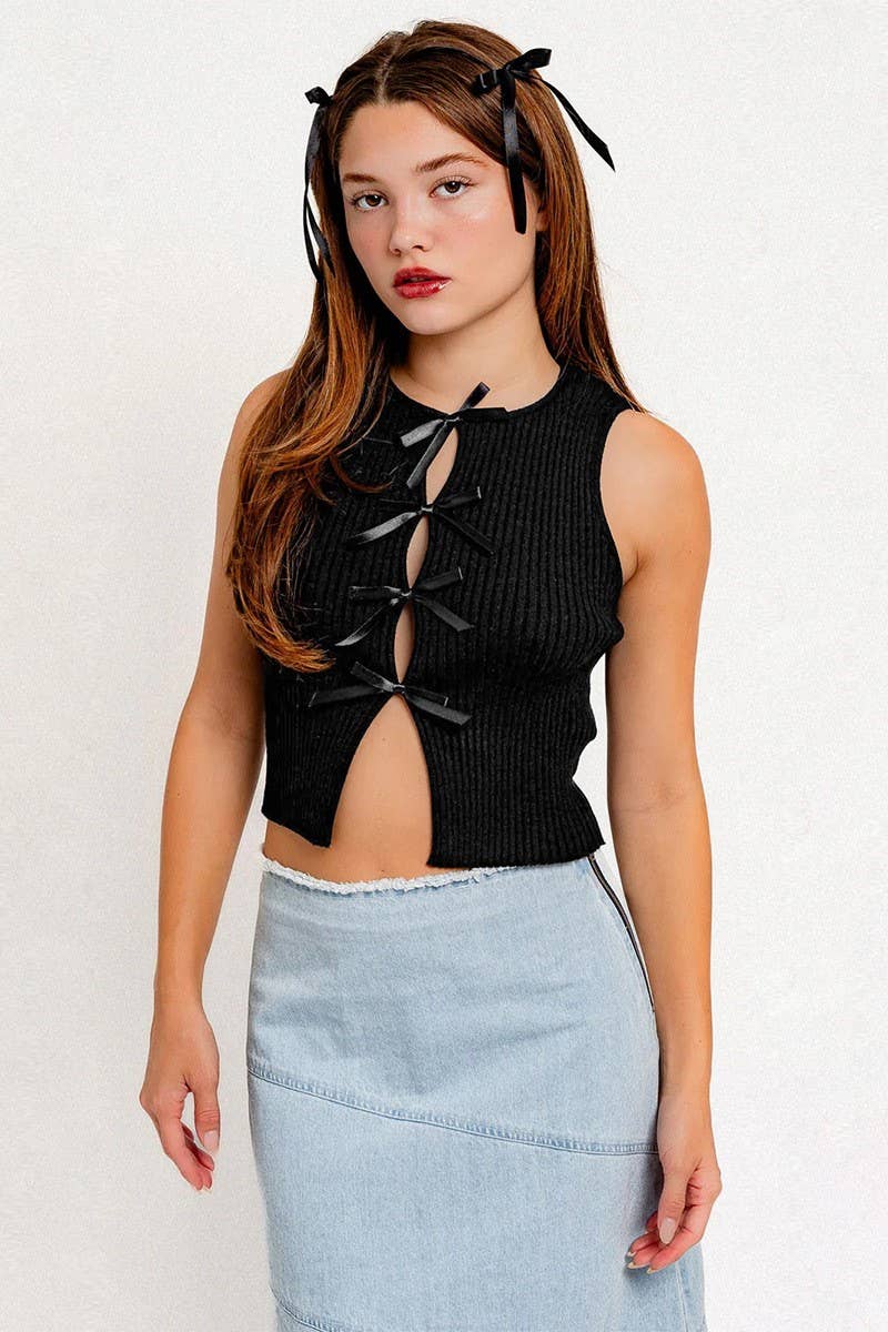 CWTBLSL0675_BOW-DECORATED HOLLOW CREW NECK SLIM FIT VEST TOP