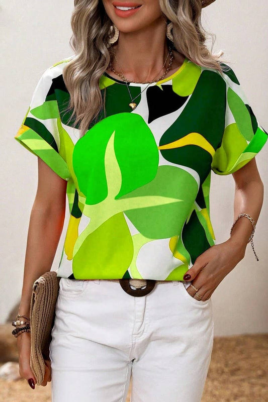 CWTTS1380_SUMMER FASHION PRINTED U-NECK SHORT SLEEVE TOP