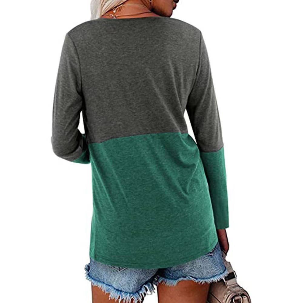 Color contrast patchwork V-neck long sleeve Tshirt