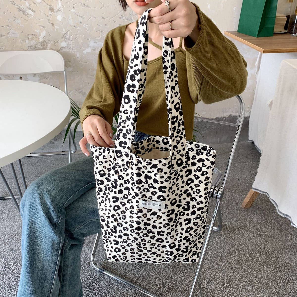 CWAB3905_LEOPARD PRINT LARGE CAPACITY CANVAS SHOULDER BAG