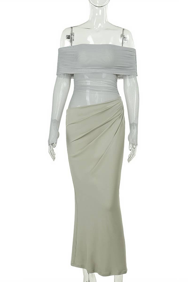 CWDMD4232_SOLID COLOR ONE SHOULDER MESH HOLLOW DRESS