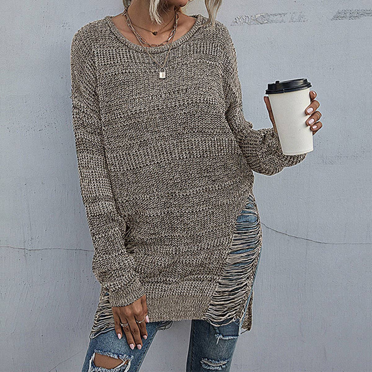 CREW-NECK MID-LENGTH FASHION HOLLOW-OUT SWEATER