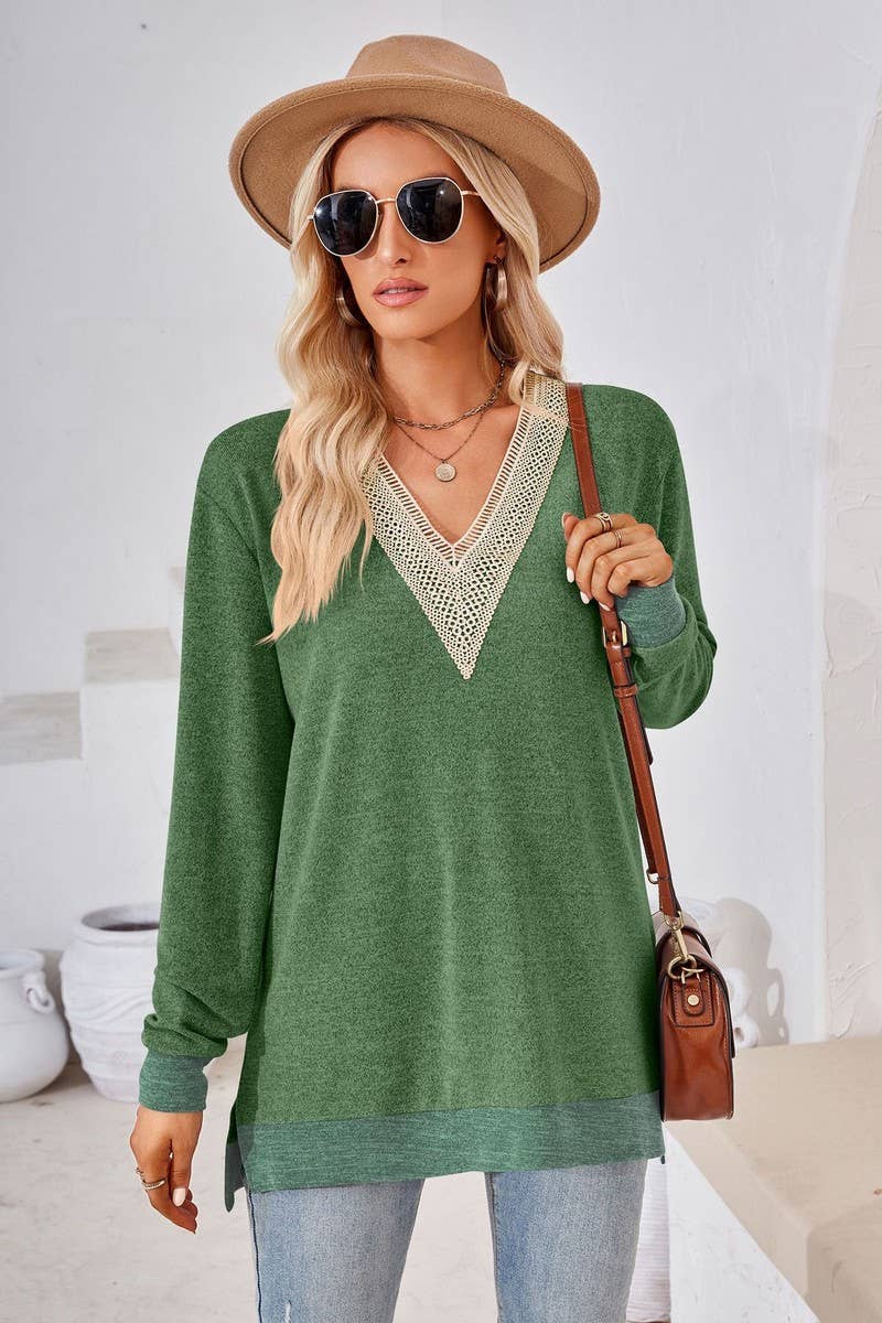 CWTBLL3660_AUTUMN NEW V-NECK LACE SOLID COLOR LOOSE T-SHIRT