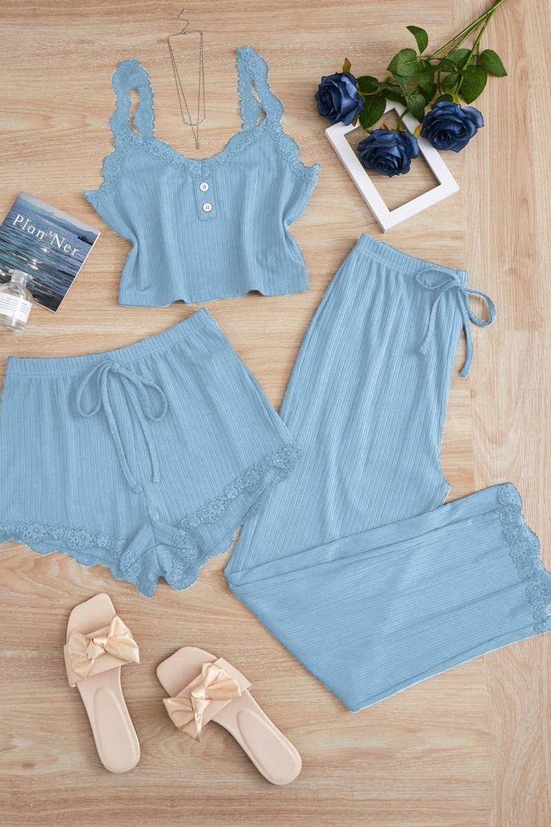 CWSPJ00474_LACE 3 PIECE SLEEPWEAR SHORTS PANTS SET