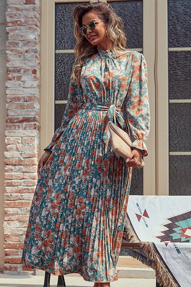 CWDMD3733_PRINTED LACE-UP PLEATED LONG DRESS