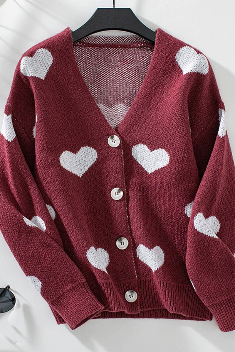 CWOCAL0855_HEART SINGLE BREASTED KNITTED CARDIGAN SWEATER