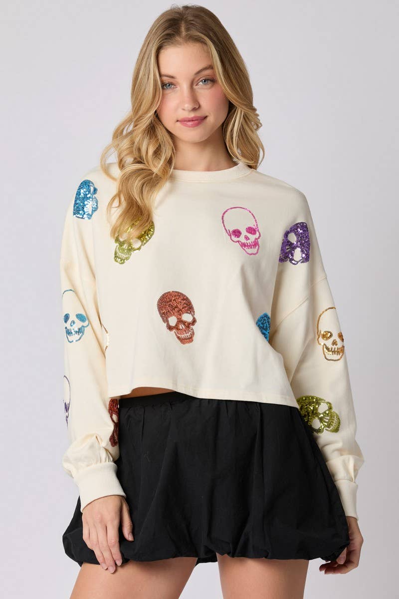 CWTBLL01262_HALLOWEEN SKULL SEQUIN LOOSE SWEATSHIRT
