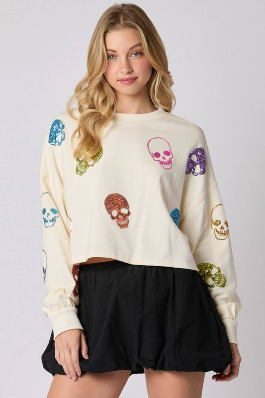 CWTBLL01262_HALLOWEEN SKULL SEQUIN LOOSE SWEATSHIRT