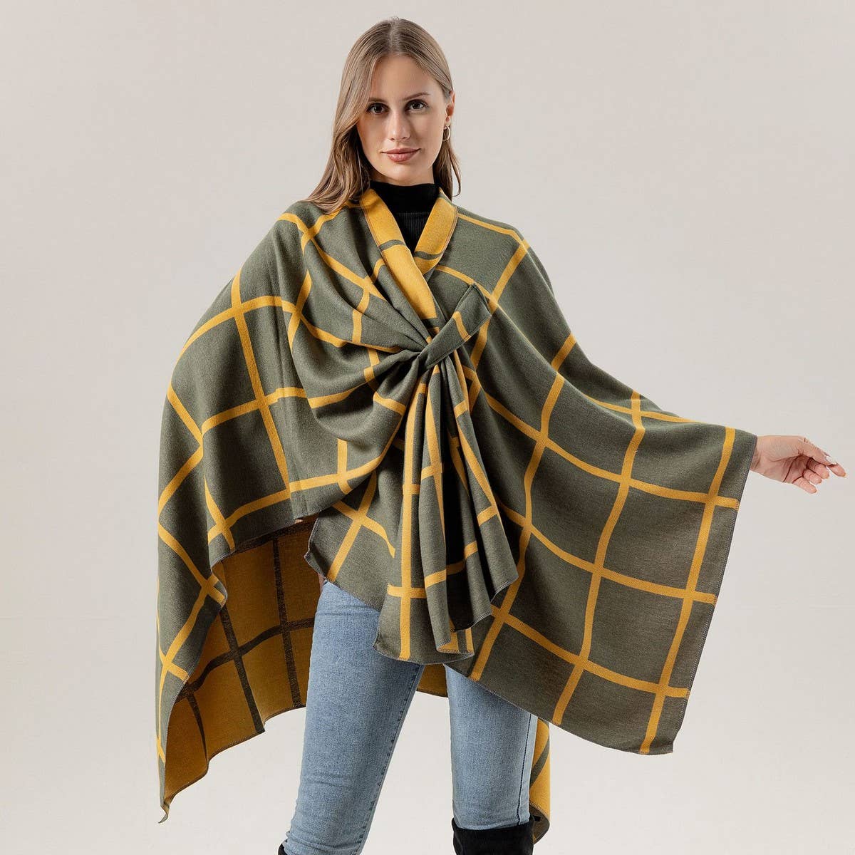 SOLID COLOR PLAID CAPE CLOAK PLAIN SHAWL_CWASC2257