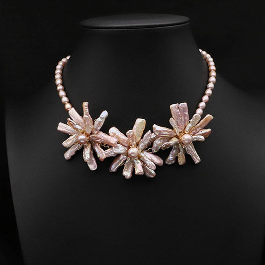NATURAL PEARL PINK PURPLE FLOWER NECKLACE
