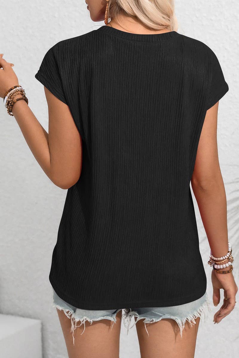 CWTBLS1603_ROUND NECK SOLID COLOR POCKET SHORT SLEEVE TOP