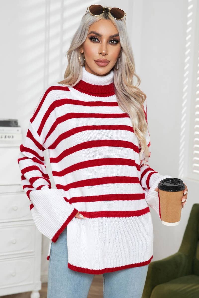 CWOSWL6371_TURTLENECK STRIPED LONG-SLEEVED SLIT SWEATER